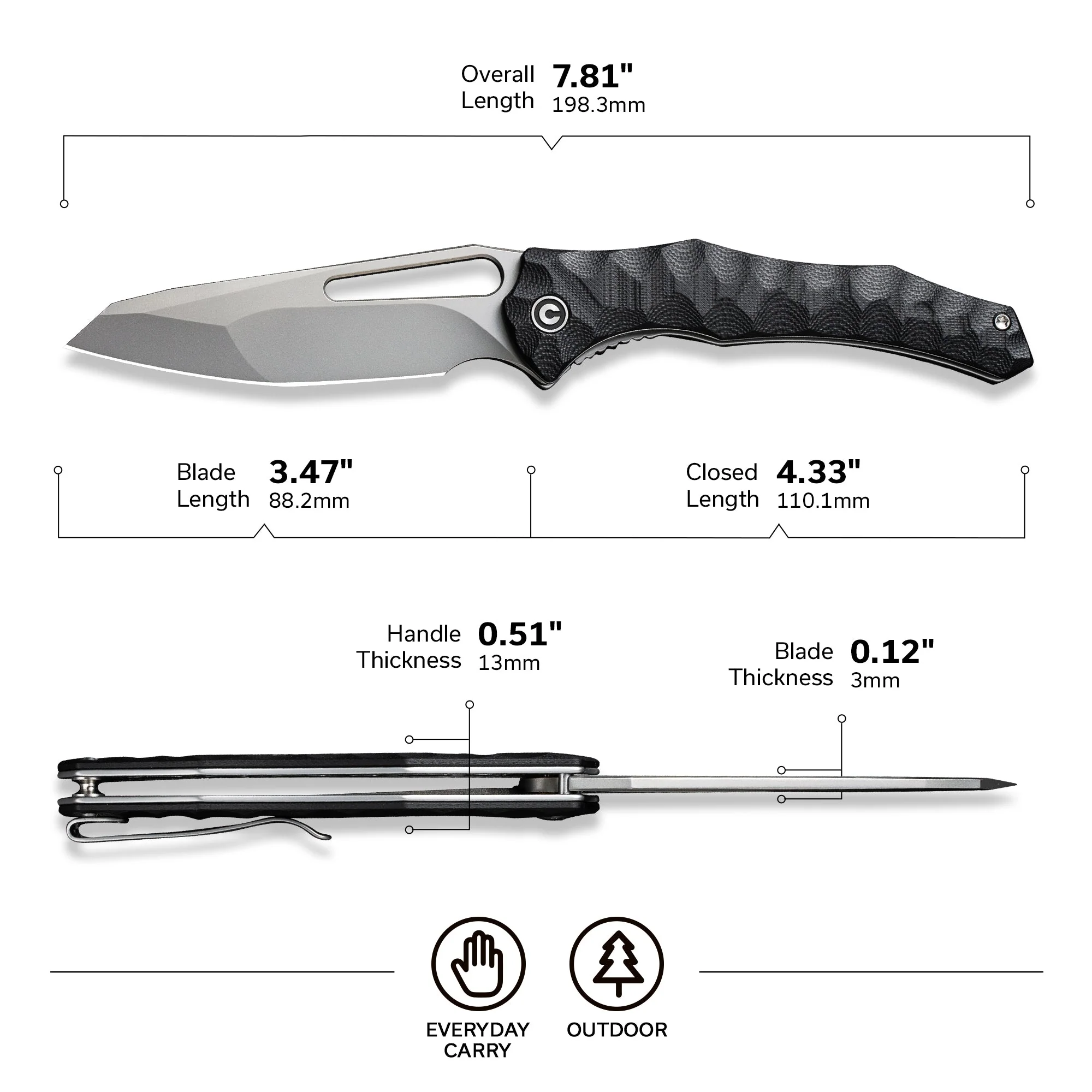 CIVIVI Spiny Dogfish Thumb Hole Knife G10 Handle (3.47" 14C28N Blade) C22006-1 - Image 2