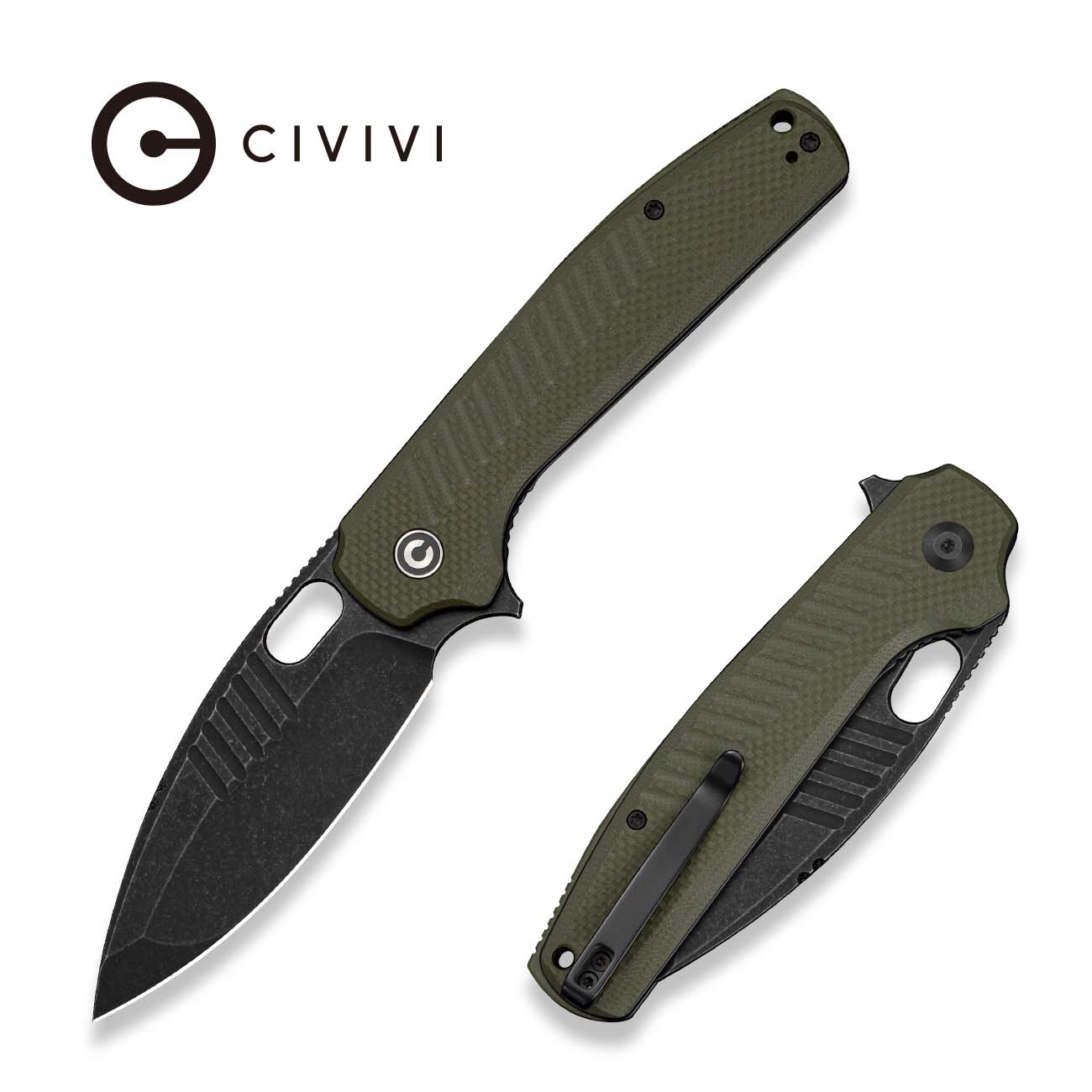 CIVIVI Spooky Flipper & Thumb Hole Knife OD Green Coarse G10 Handle (3.72" Black Stonewashed 14C28N Blade) C25022A Sample1