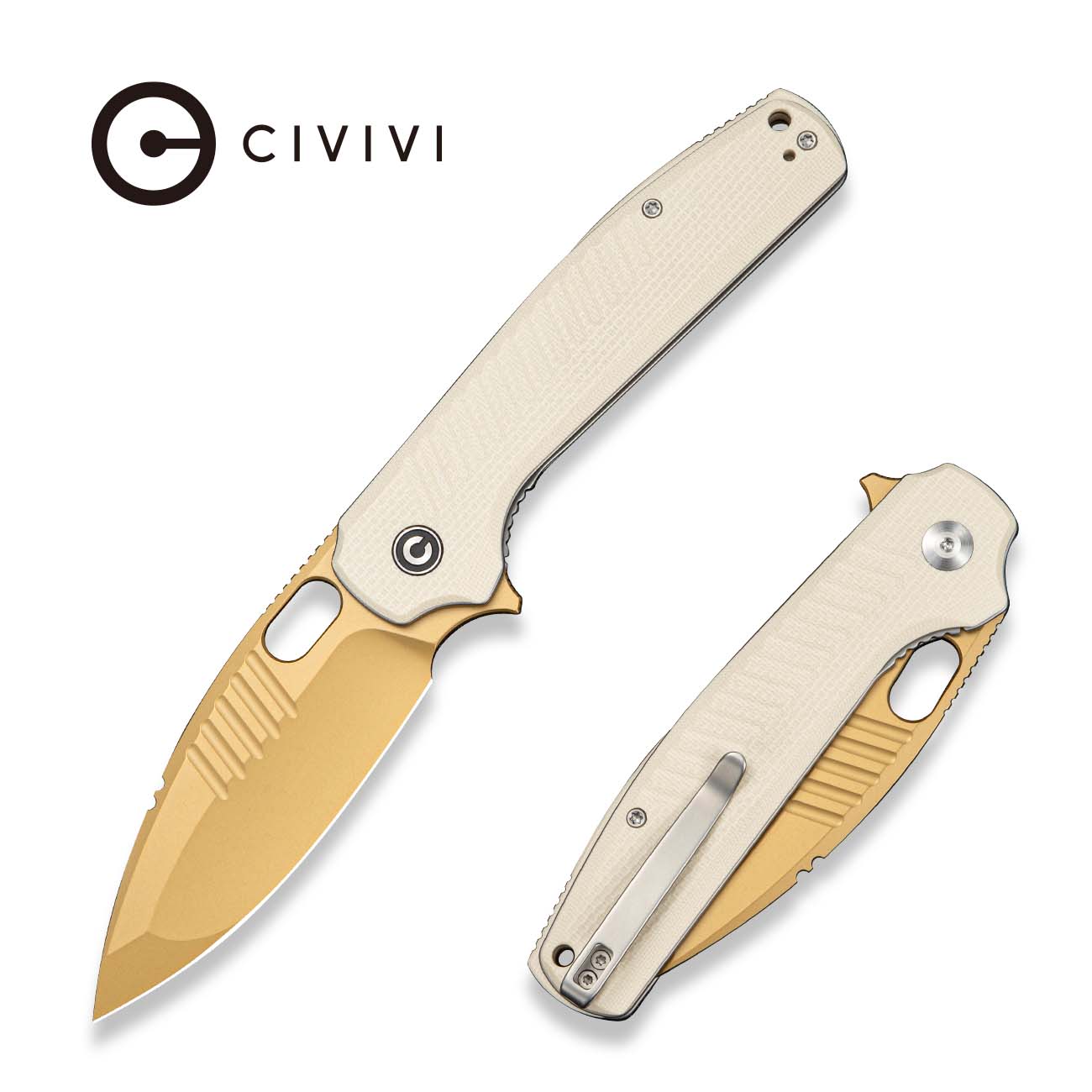 CIVIVI Spooky Flipper & Thumb Hole Knife Ivory Coarse G10 Handle (3.72" Desert Tan Stonewashed 14C28N Blade) C25022A Sample2