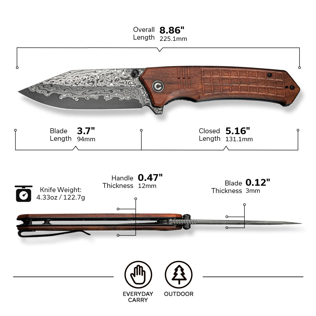 CIVIVI Tacticorix Flipper & Thumb Stud Knife Wood Handle (3.7" Damascus Blade) C23055-DS1 - Image 2