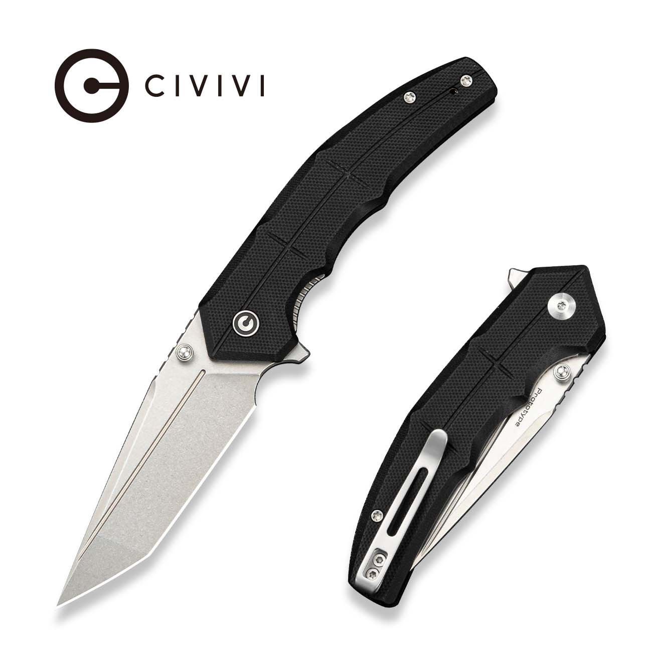 CIVIVI Tactron Flipper & Thumb Stud Knife Black G10 Handle (3.2" Stonewashed Nitro-V Blade) C25049 Sample1
