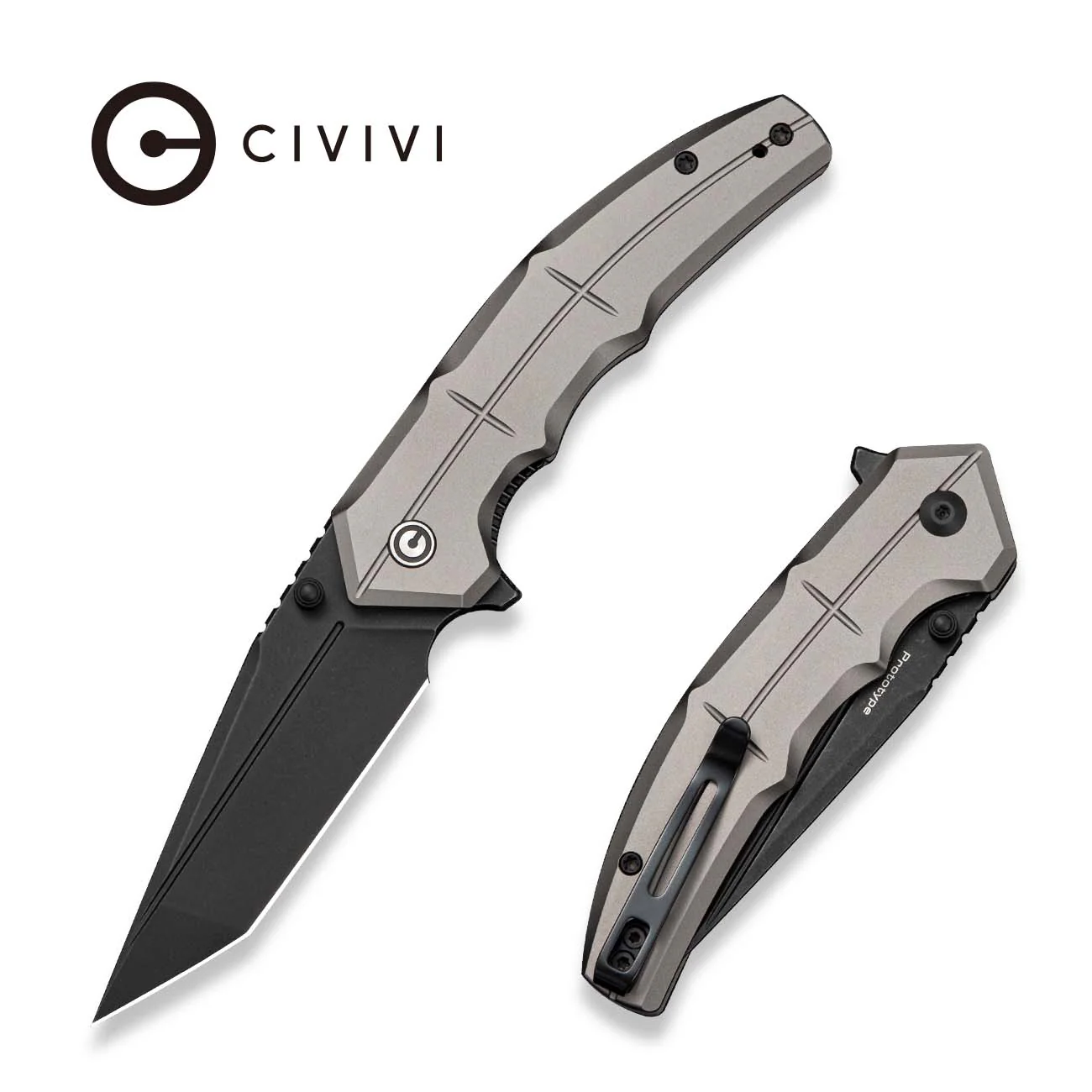 CIVIVI Tactron Flipper & Thumb Stud Knife Gray Aluminum Handle (3.2" Black Stonewashed Nitro-V Blade) C25049 Sample2