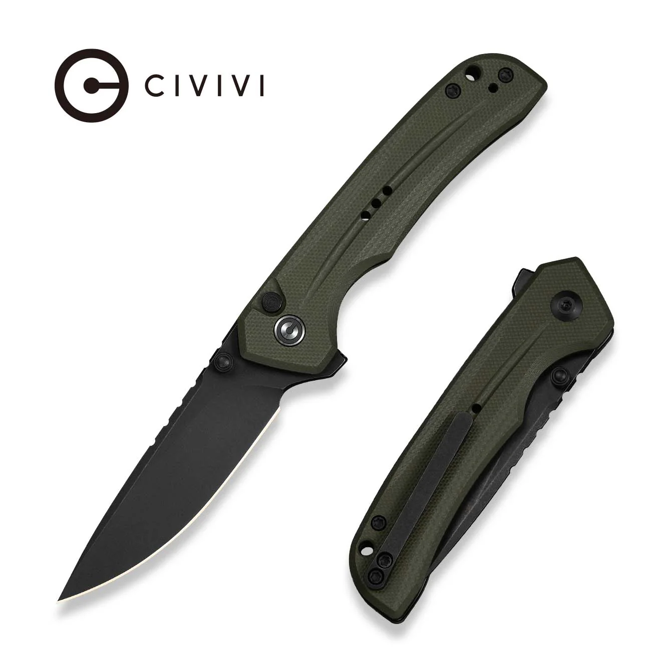 CIVIVI Tarask Flipper & Thumb Stud & Button Lock Knife OD Green G10 Handle (2.96" Black Stonewashed Nitro-V Blade) C25023C-2