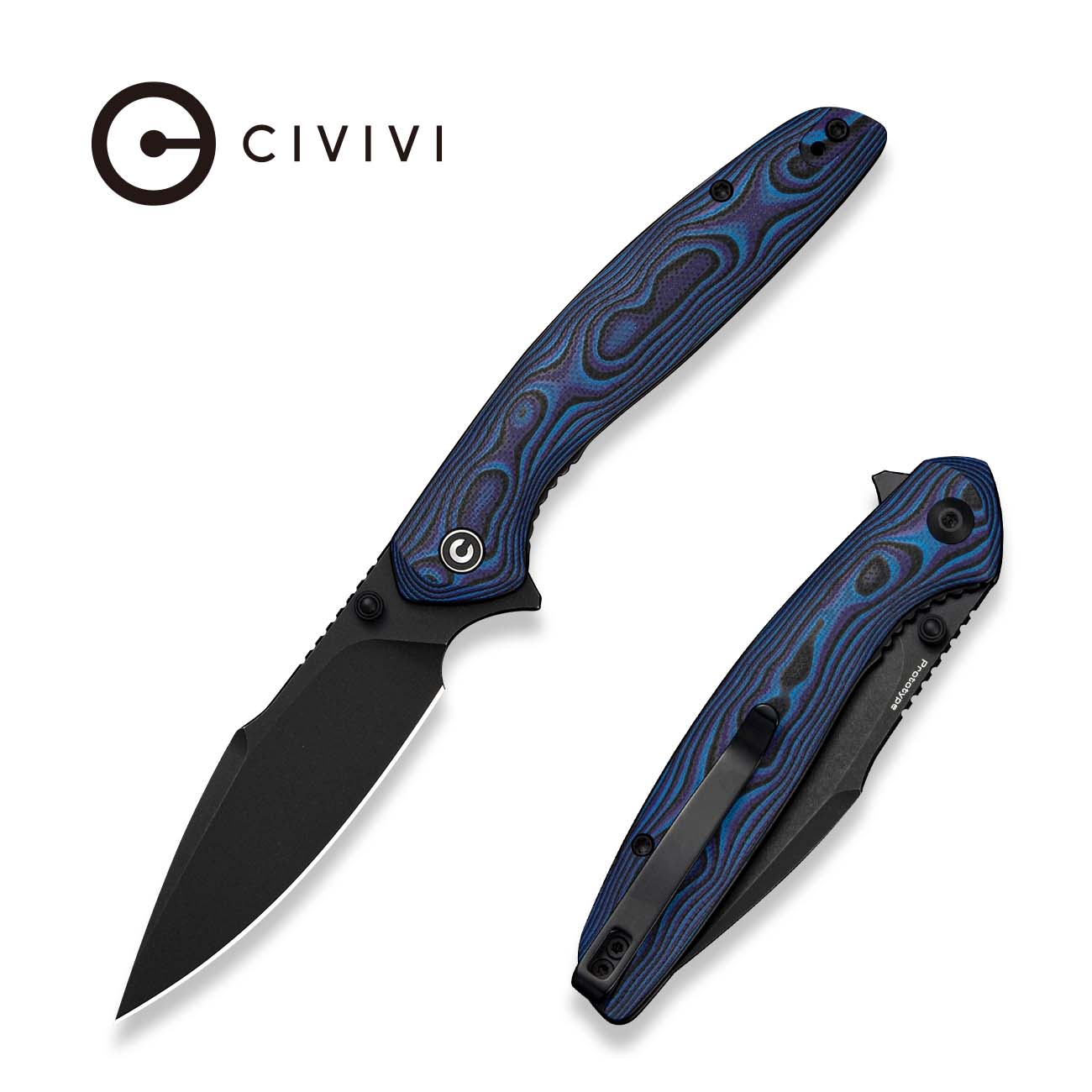 CIVIVI Thraxen Black & Blue & Purple G10 Handle (3.44" Black Stonewashed Nitro-V Blade) C25081 Sample1