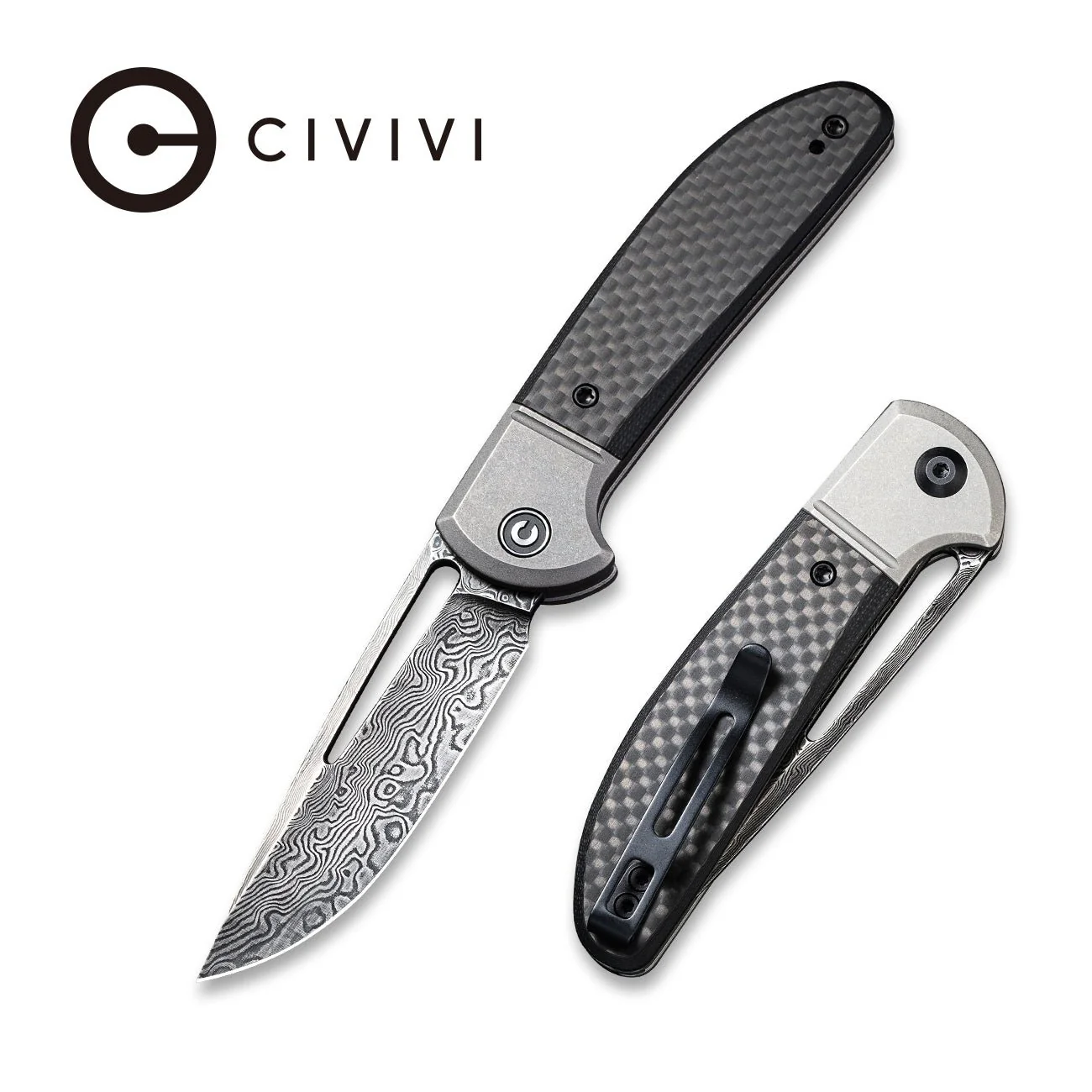 CIVIVI Trailblazer Slip Joint & Thumb Hole Knife Carbon Fiber & G10 & Stainless Steel Handle (2.97" Damascus Blade) C2018DS-1