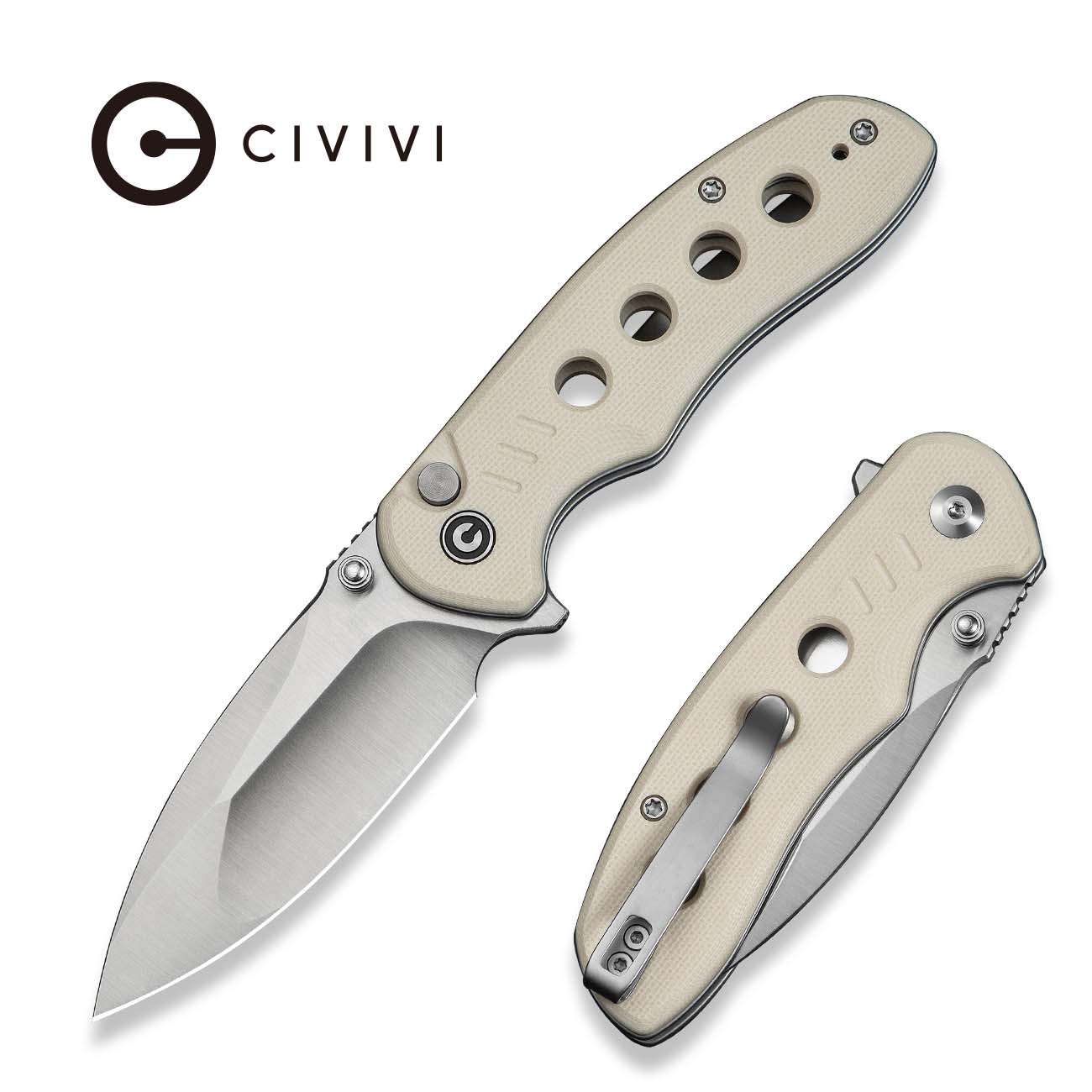 CIVIVI Triptych Flipper & Thumb Stud & Button Lock Knife G10 Handle (2.97" 14C28N Blade) C23085B-2