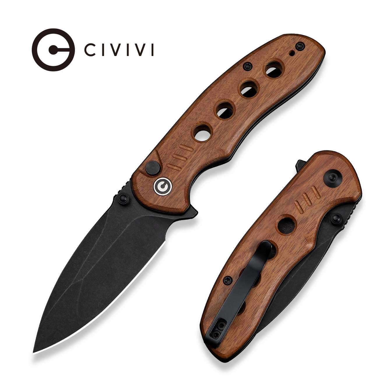 CIVIVI Triptych Flipper & Thumb Stud & Button Lock Knife Wood Handle (2.97" 14C28N Blade) C23085B-3