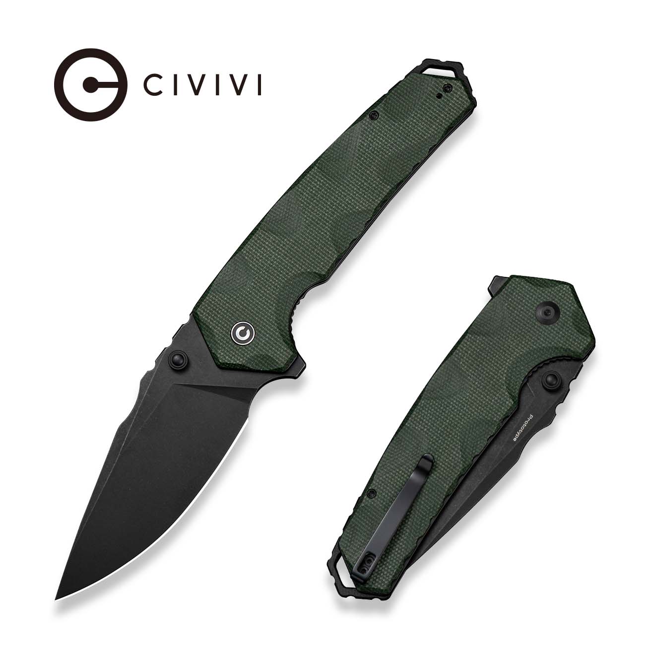 CIVIVI Tyranix Flipper & Thumb Stud Knife Green Canvas Micarta Handle (4.39" Black Stonewashed 14C28N Blade) C25018 Sample2