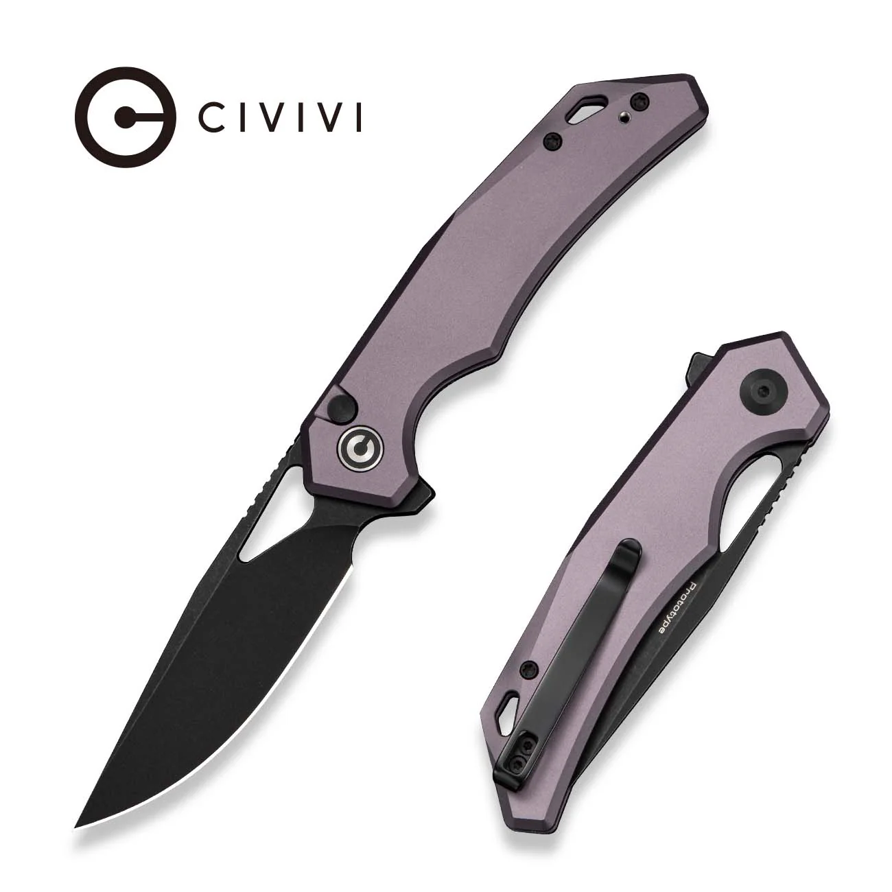 CIVIVI Vexaryn Flipper & Thumb Hole & Button Lock  Knife Purple Aluminum Handle (3.39" Black Stonewashed Nitro-V Blade) C25062 Sample2