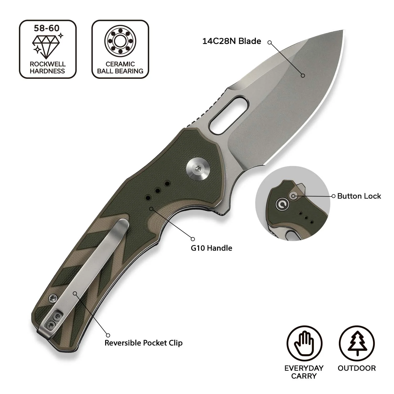 CIVIVI Vexron Flipper & Thumb Hole & Button Lock Knife G10 Handle (2.98" 14C28N Blade) C24066-2 - Image 5