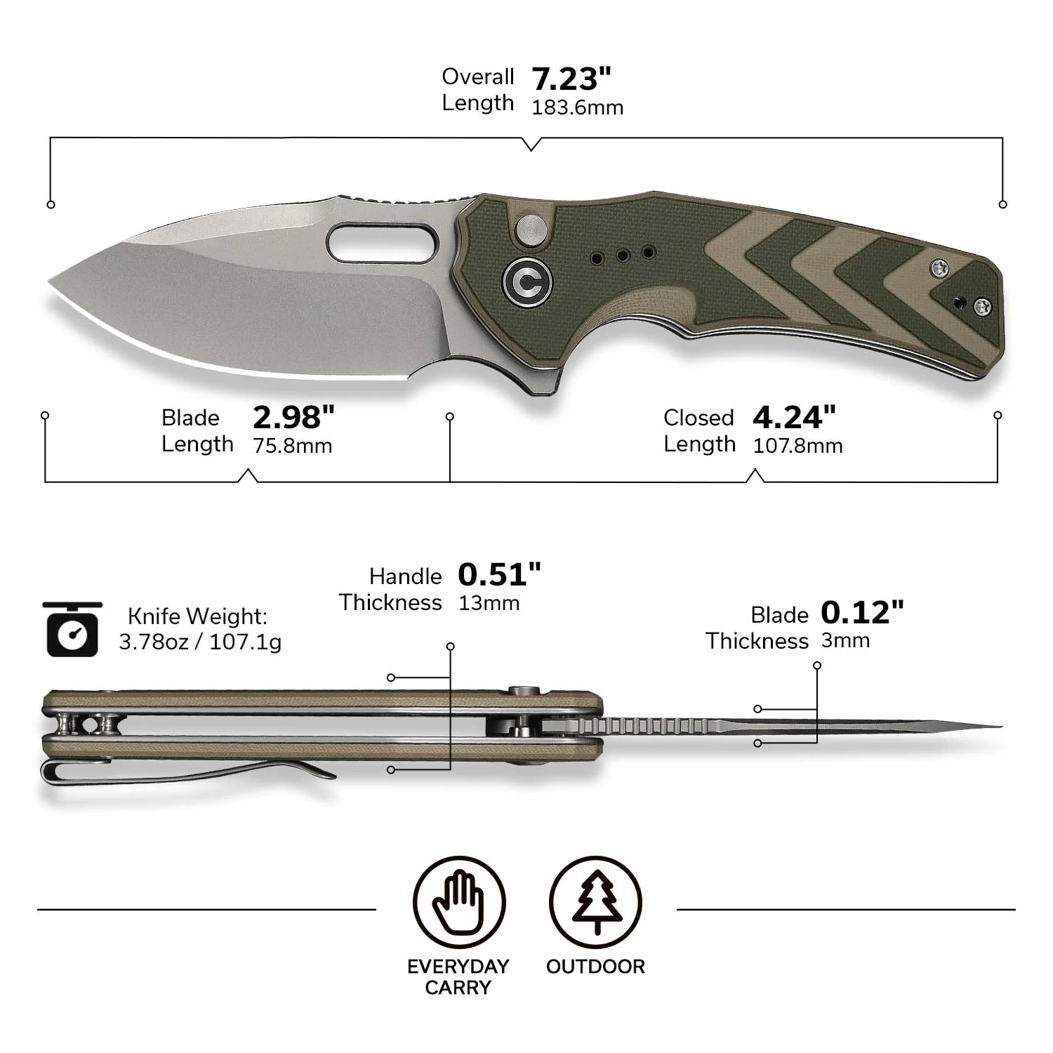 CIVIVI Vexron Flipper & Thumb Hole & Button Lock Knife G10 Handle (2.98" 14C28N Blade) C24066-2 - Image 6