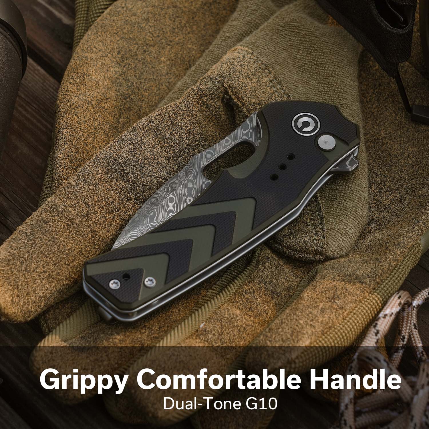 CIVIVI Vexron Flipper & Thumb Hole & Button Lock Knife G10 Handle (2.98" Damascus Blade) C24066-DS1 - Image 3