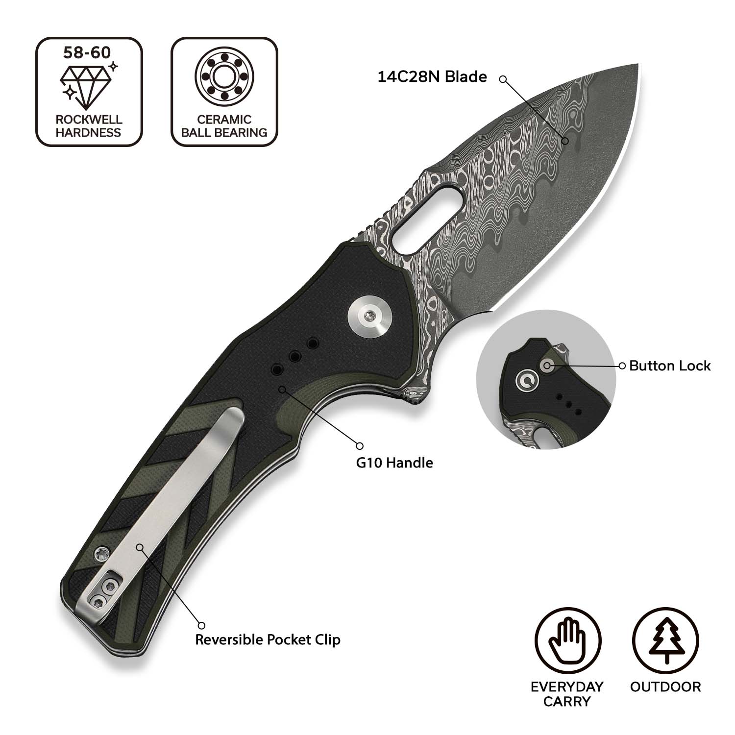 CIVIVI Vexron Flipper & Thumb Hole & Button Lock Knife G10 Handle (2.98" Damascus Blade) C24066-DS1 - Image 5