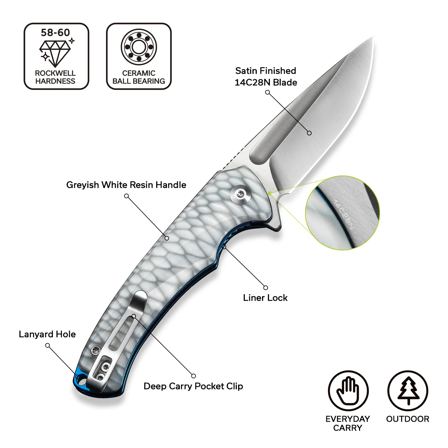 CIVIVI Voidflare Flipper Knife Greyish White Resin Handle With Scale Pattern (2.92" Satin Finished 14C28N Blade) C24040-2 - Image 5