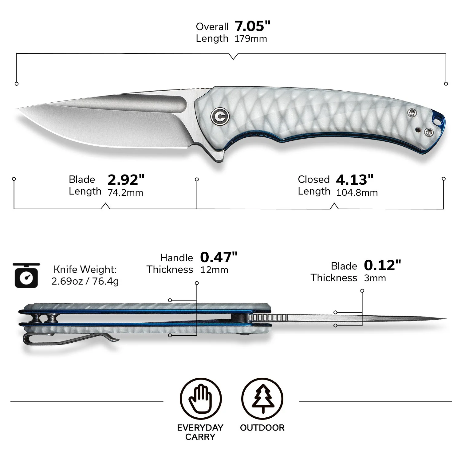 CIVIVI Voidflare Flipper Knife Greyish White Resin Handle With Scale Pattern (2.92" Satin Finished 14C28N Blade) C24040-2 - Image 6