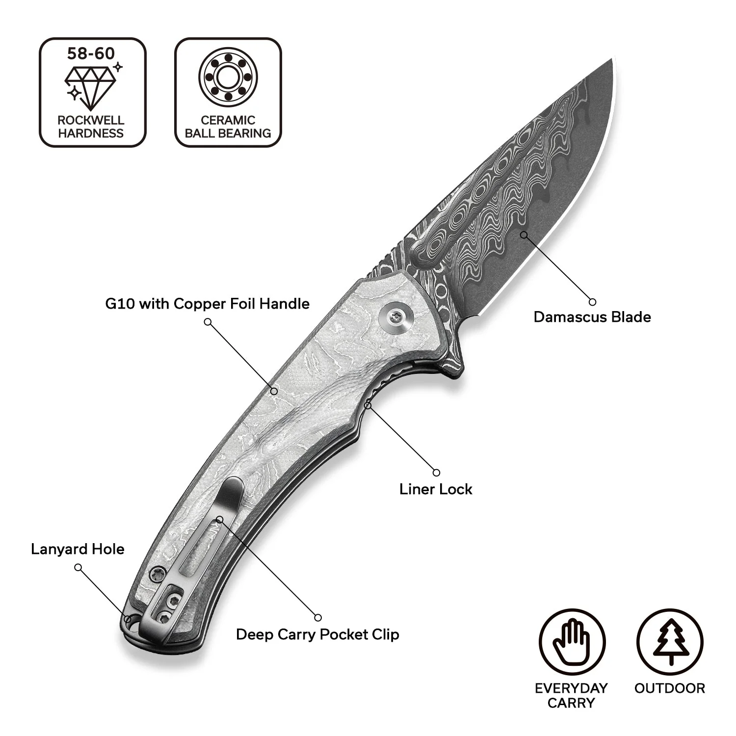 CIVIVI Voidflare Flipper Knife G10 With Aluminum Foil Handle (2.92" Damascus Blade) C24040-DS1 - Image 5