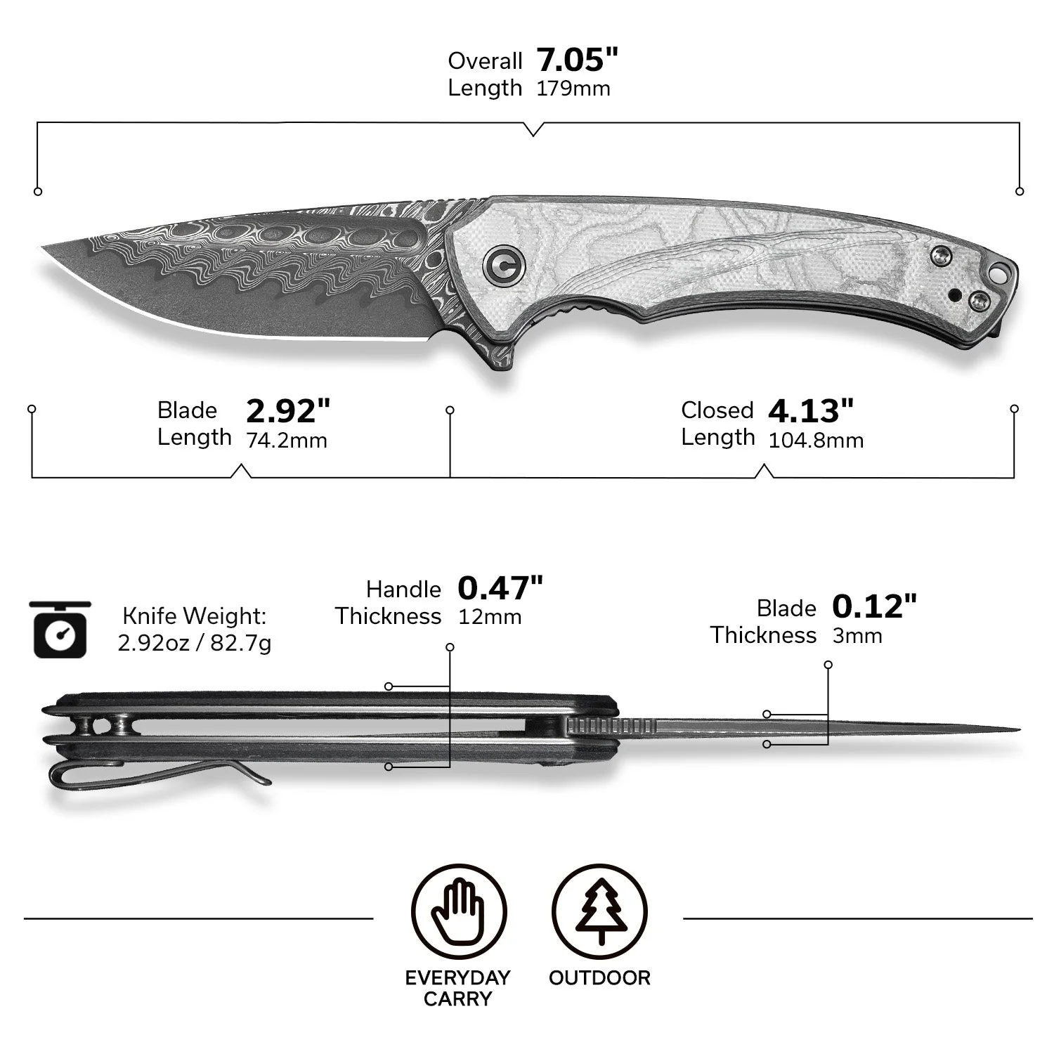 CIVIVI Voidflare Flipper Knife G10 With Aluminum Foil Handle (2.92" Damascus Blade) C24040-DS1 - Image 6