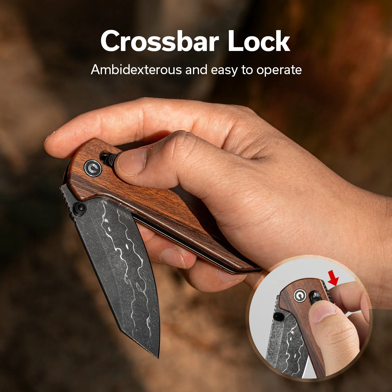 CIVIVI Yonder Thumb Stud & Crossbar Lock Knife Wood Handle (2.88" Damascus Blade) C23073B-DS1 - Image 3