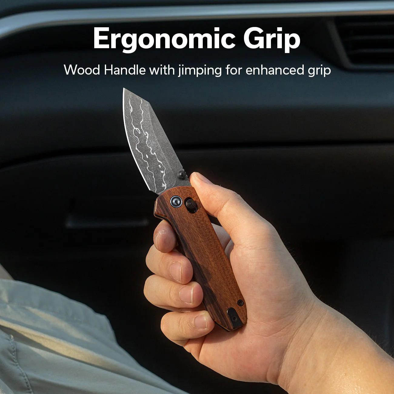CIVIVI Yonder Thumb Stud & Crossbar Lock Knife Wood Handle (2.88" Damascus Blade) C23073B-DS1 - Image 6