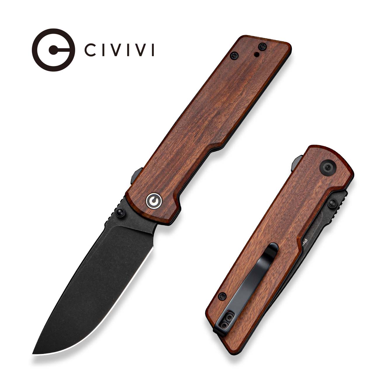 CIVIVI Zygon Flipper & Thumb Stud Knife Guibourtia Wood Handle (3.24" Black Stonewashed Nitro-V Blade) C25035 Sample2